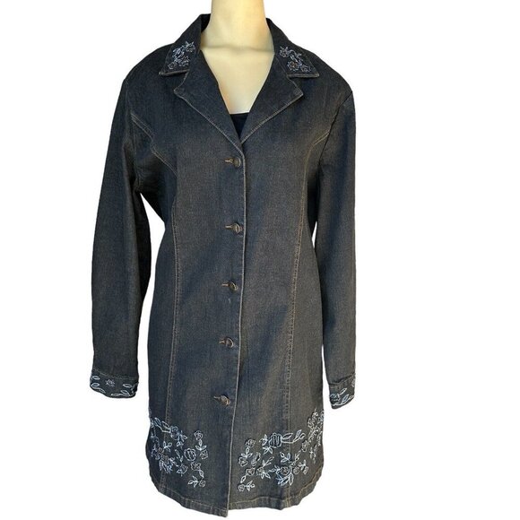 Susan Graver Notations Denim Dress Jean Jacket Charcoal Embroidered Beads Size S - Picture 2 of 12